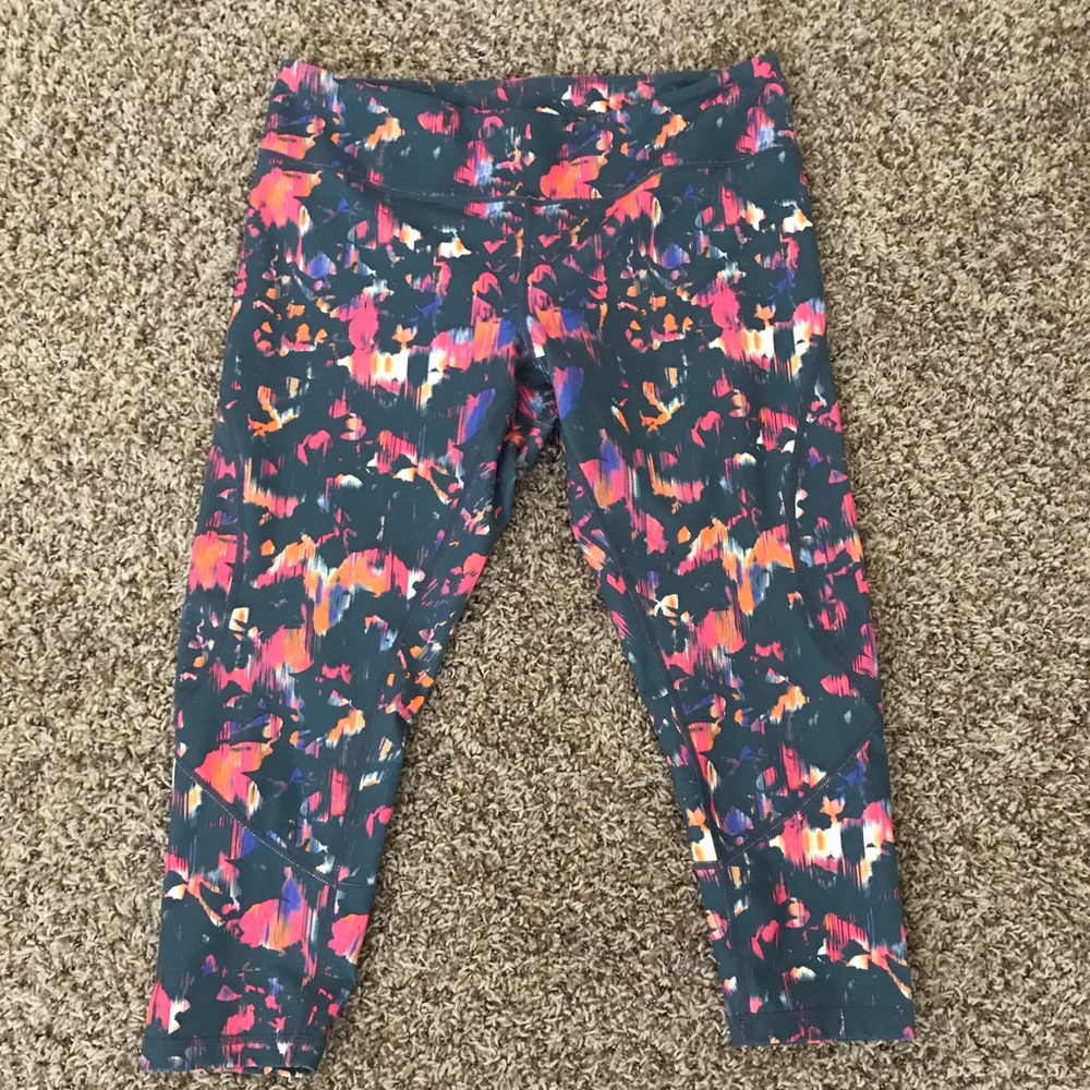 Zella Multicolor Abstract Print Leggings - Teal Base with Pink & Orange Accents